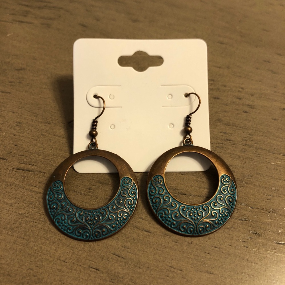 Bronze Tone and Teal Circular Bohemian Fashion Jewelry Earrings